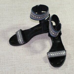 Cynthia Vincent Size 7 Black Tribal Ankle Wrap Wedge Sandals